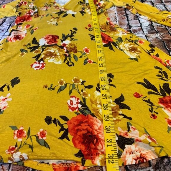 Magic Fit Yellow Floral Dress Long Sleeve Mustard V Neck Soft Size M - Picture 9 of 11